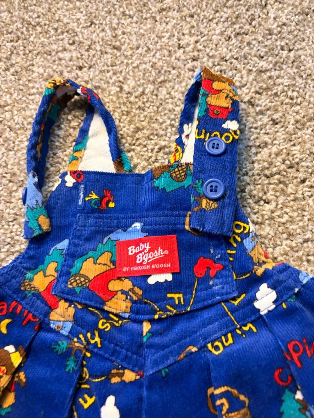 Vintage OshKosh B'gosh Royal Blue Camping Print Overalls